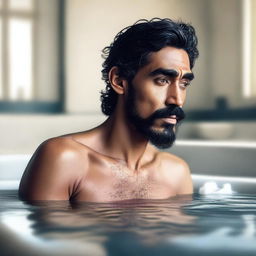 A high-quality, realistic digital art image of an athletic, muscular, shirtless human monk resembling actor Dev Patel with a beard, taking a bath