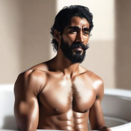 A high-quality, realistic digital art image of an athletic, muscular, shirtless human monk resembling actor Dev Patel with a beard, taking a bath