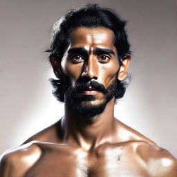 This digital art captures a high-quality, realistic portrait of an athletic, muscular, bearded human monk, bearing a striking resemblance to actor Dev Patel