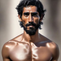 This digital art captures a high-quality, realistic portrait of an athletic, muscular, bearded human monk, bearing a striking resemblance to actor Dev Patel