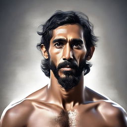 This digital art captures a high-quality, realistic portrait of an athletic, muscular, bearded human monk, bearing a striking resemblance to actor Dev Patel