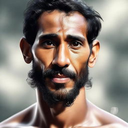 This digital art captures a high-quality, realistic portrait of an athletic, muscular, bearded human monk, bearing a striking resemblance to actor Dev Patel