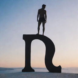 A man confidently standing on top of a large, silhouetted Greek letter sigma