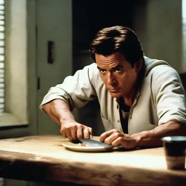 The suspenseful movie scene showed the protagonist picking up a table knife as a weapon to defend themselves against the intruder.