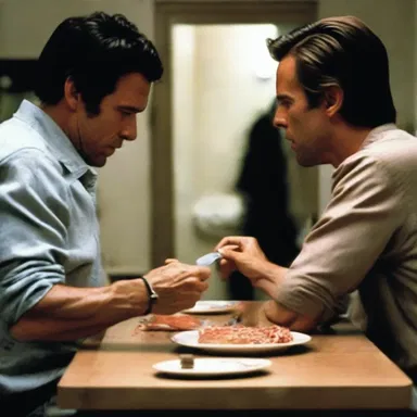 The suspenseful movie scene showed the protagonist picking up a table knife as a weapon to defend themselves against the intruder.