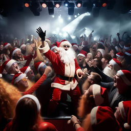 Santa Claus energetically moshing in a packed concert pit, surrounded by anatomically correct, excited human concertgoers, with vibrant stage lights & roar of music in the background.