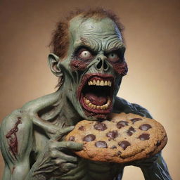 A detailed depiction of a comical zombie, ravenously munching on an oversized chocolate chip cookie