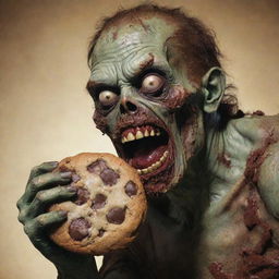 A detailed depiction of a comical zombie, ravenously munching on an oversized chocolate chip cookie