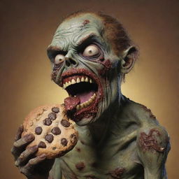 A detailed depiction of a comical zombie, ravenously munching on an oversized chocolate chip cookie