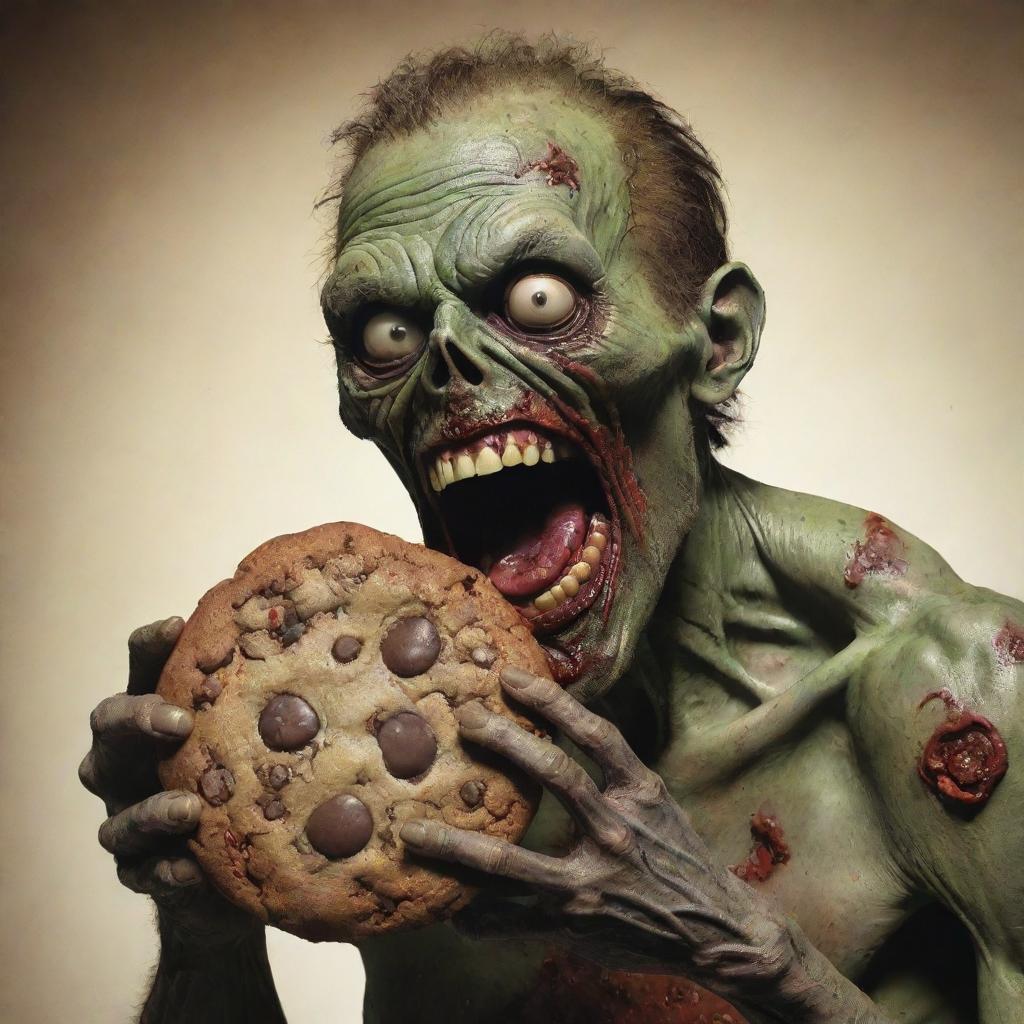 A detailed depiction of a comical zombie, ravenously munching on an oversized chocolate chip cookie