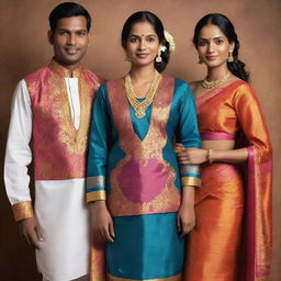 A depiction of traditional Sinhalese clothing, showcasing the signature style and elements that make it unique. Include a male and a female dressed in such attire in vibrant hues.