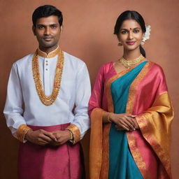 A depiction of traditional Sinhalese clothing, showcasing the signature style and elements that make it unique. Include a male and a female dressed in such attire in vibrant hues.