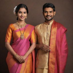 A depiction of traditional Sinhalese clothing, showcasing the signature style and elements that make it unique. Include a male and a female dressed in such attire in vibrant hues.