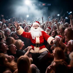 Santa Claus energetically moshing in a packed concert pit, surrounded by anatomically correct, excited human concertgoers, with vibrant stage lights & roar of music in the background.