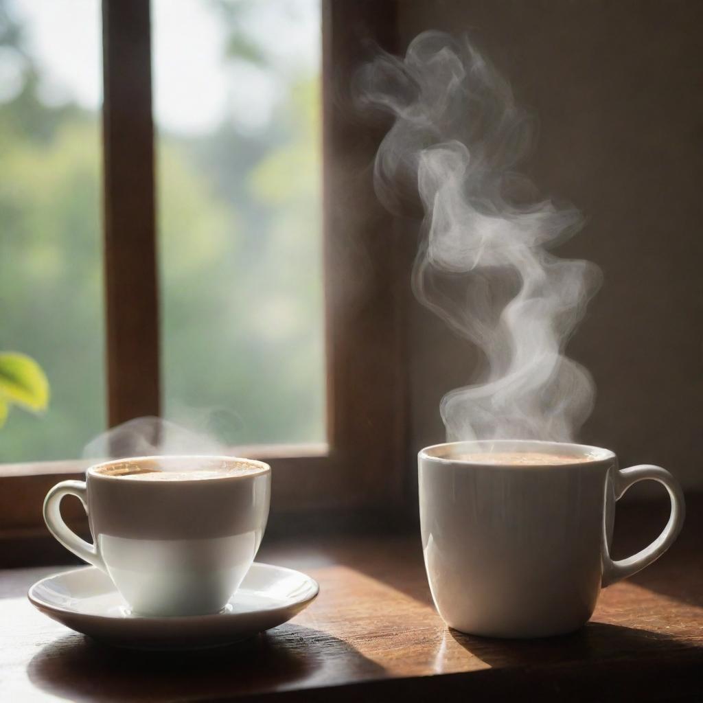 A peaceful morning scene featuring sunshine pouring onto a steaming cup of coffee, with high-quality imagery in mind.