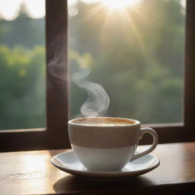 A peaceful morning scene featuring sunshine pouring onto a steaming cup of coffee, with high-quality imagery in mind.