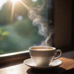 A peaceful morning scene featuring sunshine pouring onto a steaming cup of coffee, with high-quality imagery in mind.