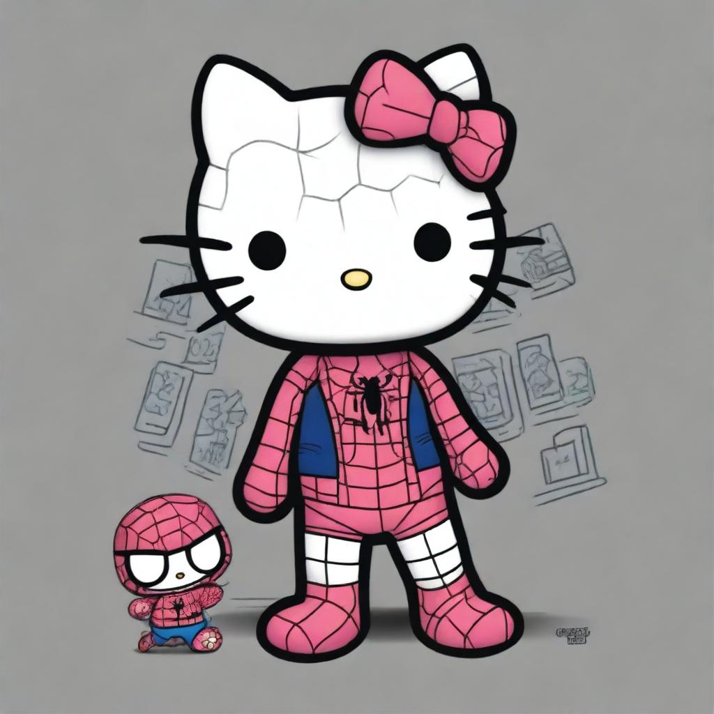 This is a lively digital art image showcasing Hello Kitty and Spiderman