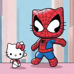 This is a lively digital art image showcasing Hello Kitty and Spiderman