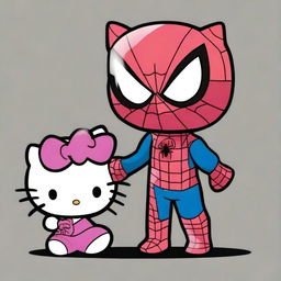 This is a lively digital art image showcasing Hello Kitty and Spiderman