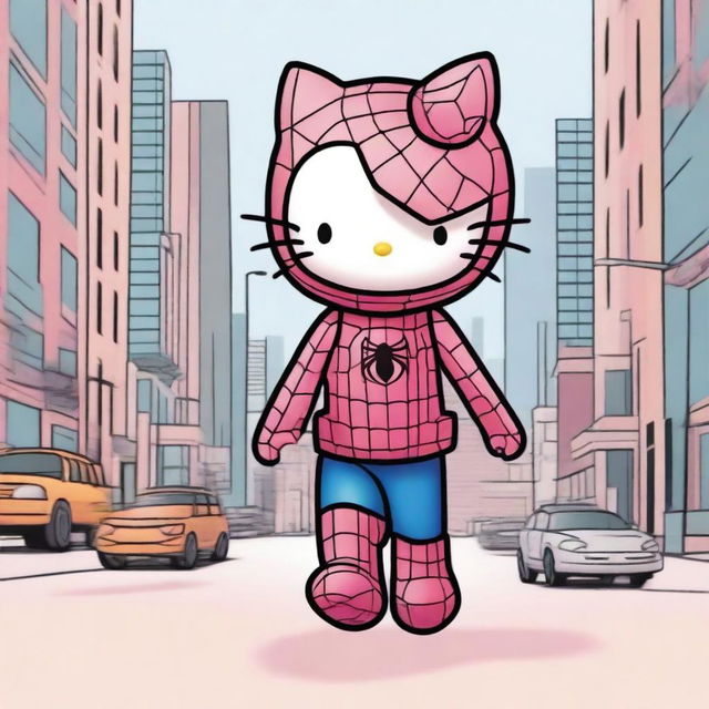 This is a lively digital art image showcasing Hello Kitty and Spiderman