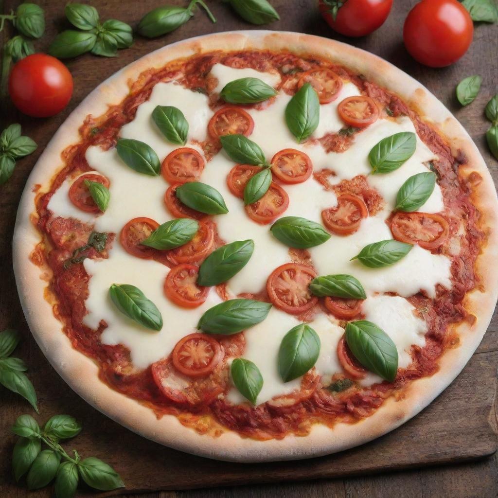 A delicious, hot pizza topped with mozzarella cheese, ripe tomatoes, and fresh basil leaves, served on a rustic wooden table.