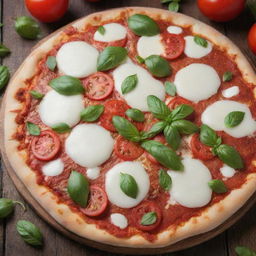 A delicious, hot pizza topped with mozzarella cheese, ripe tomatoes, and fresh basil leaves, served on a rustic wooden table.