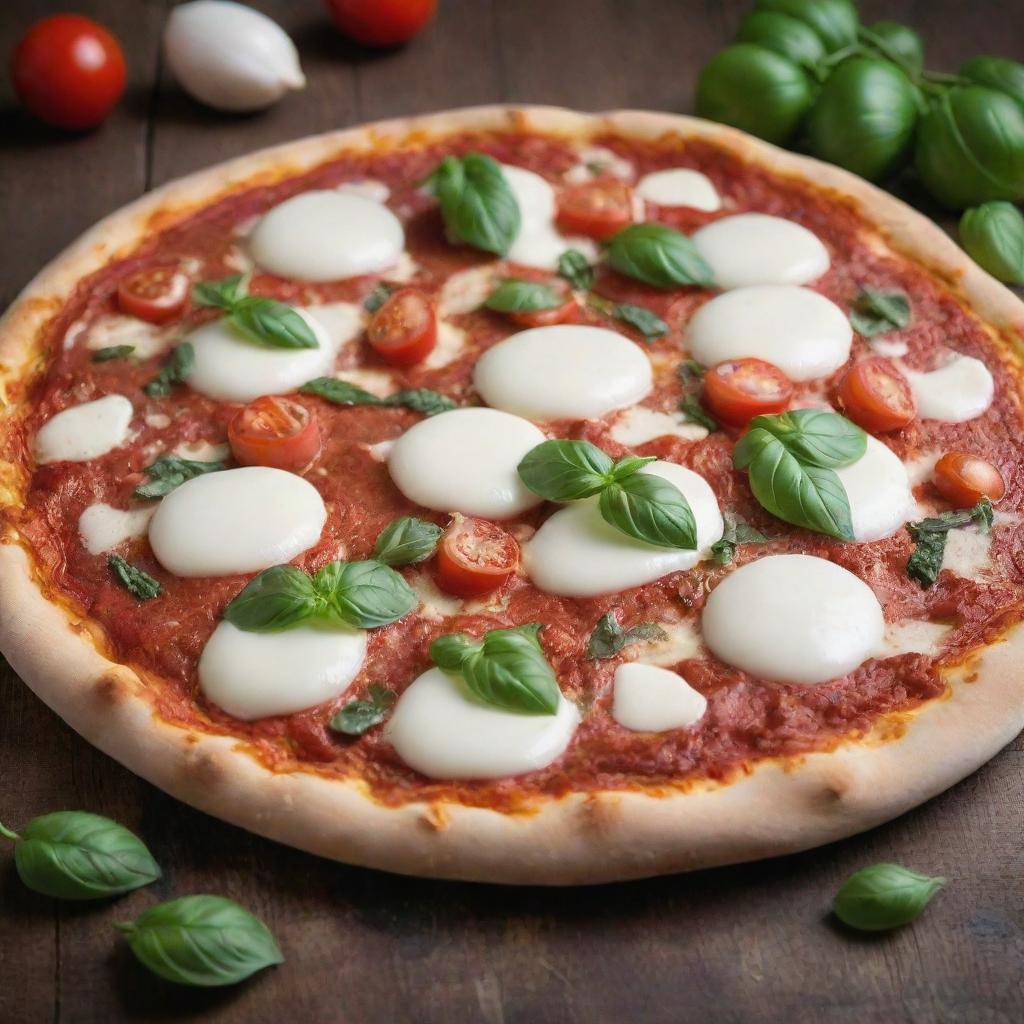 A delicious, hot pizza topped with mozzarella cheese, ripe tomatoes, and fresh basil leaves, served on a rustic wooden table.