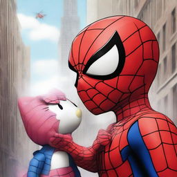 This digital art image depicts a sweet scene where Hello Kitty is giving a friendly kiss to Spiderman