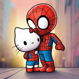 This digital art image depicts a sweet scene where Hello Kitty is giving a friendly kiss to Spiderman