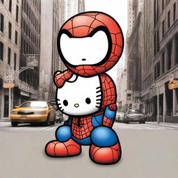 This digital art image depicts a sweet scene where Hello Kitty is giving a friendly kiss to Spiderman