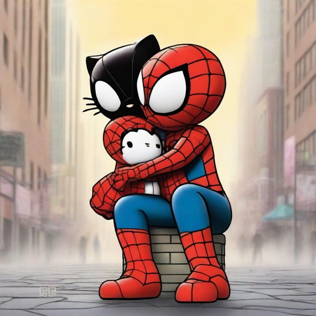 This digital art image depicts a sweet scene where Hello Kitty is giving a friendly kiss to Spiderman