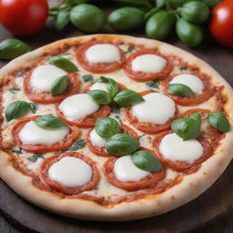 A delicious, hot pizza topped with mozzarella cheese, ripe tomatoes, and fresh basil leaves, served on a rustic wooden table.