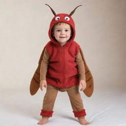 A cartoon-style image of a young boy, dressed in a creative and funny bed bug costume, complete with antennae and six legs.