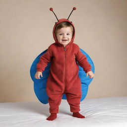 A cartoon-style image of a young boy, dressed in a creative and funny bed bug costume, complete with antennae and six legs.