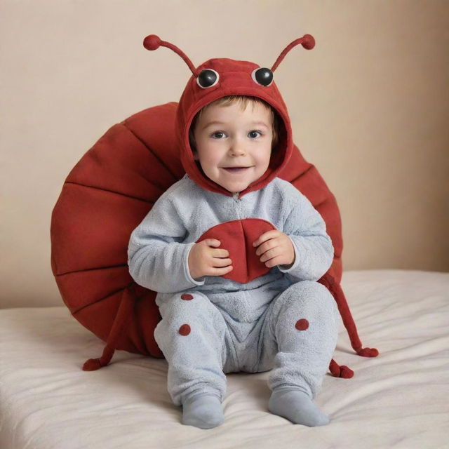 A cartoon-style image of a young boy, dressed in a creative and funny bed bug costume, complete with antennae and six legs.