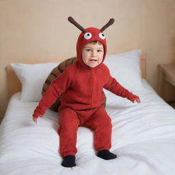 A cartoon-style image of a young boy, dressed in a creative and funny bed bug costume, complete with antennae and six legs.