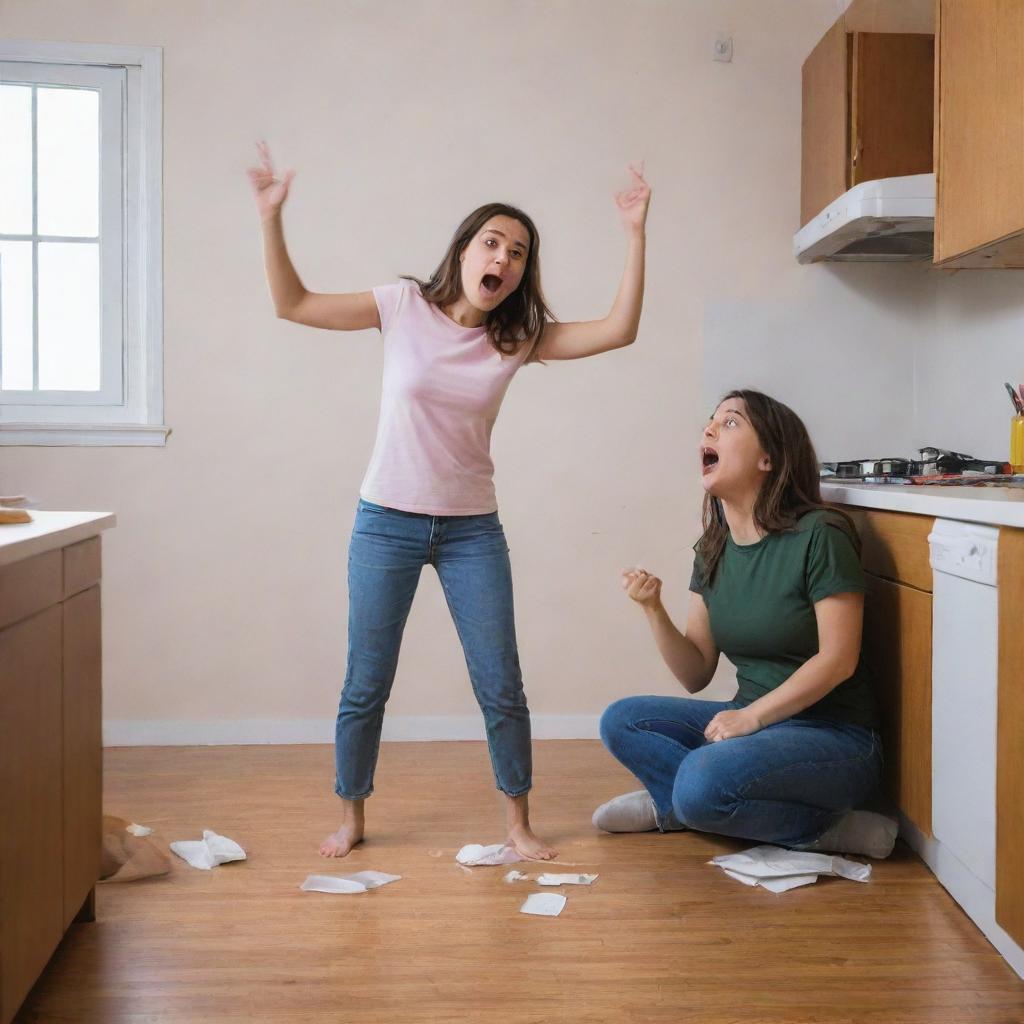 An upset girl venting her frustration by throwing various non-violent objects towards a man in a domestic setting.