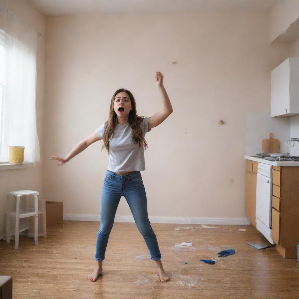 An upset girl venting her frustration by throwing various non-violent objects towards a man in a domestic setting.