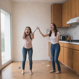 An upset girl venting her frustration by throwing various non-violent objects towards a man in a domestic setting.