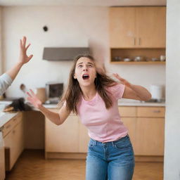 An upset girl venting her frustration by throwing various non-violent objects towards a man in a domestic setting.