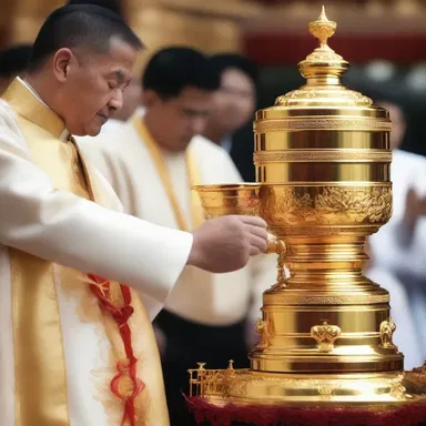 During the ceremony, the priest used a golden syphon to pour holy water over the offerings.