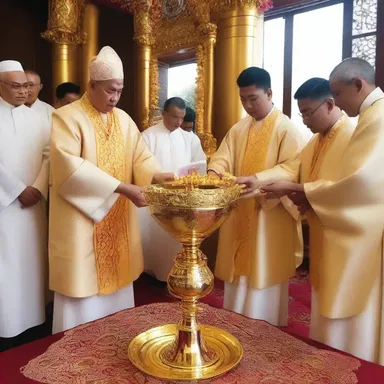 During the ceremony, the priest used a golden syphon to pour holy water over the offerings.