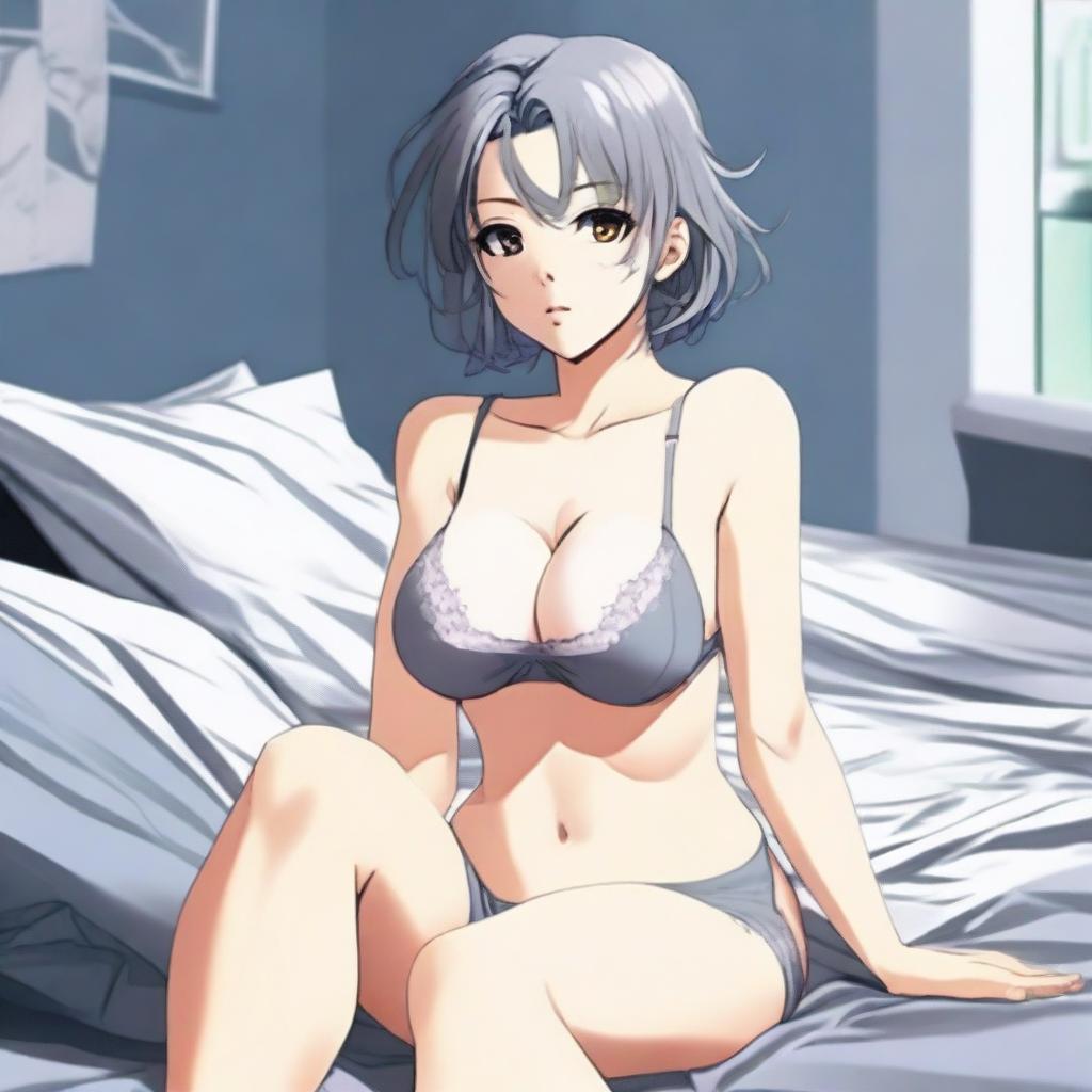 A digital art image of an attractive anime-style female character, seated on a grey bed