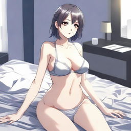 A digital art image of an attractive anime-style female character, seated on a grey bed