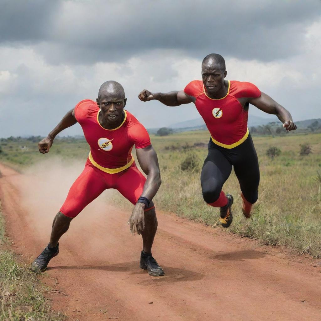 Speedster superhero combating a speedster villain in the landscapes of Uganda. Both characters exhibiting extreme speed, defining movement trails and intense facial expressions.