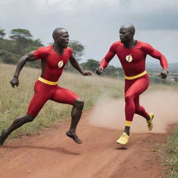 Speedster superhero combating a speedster villain in the landscapes of Uganda. Both characters exhibiting extreme speed, defining movement trails and intense facial expressions.