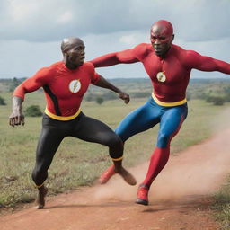 Speedster superhero combating a speedster villain in the landscapes of Uganda. Both characters exhibiting extreme speed, defining movement trails and intense facial expressions.