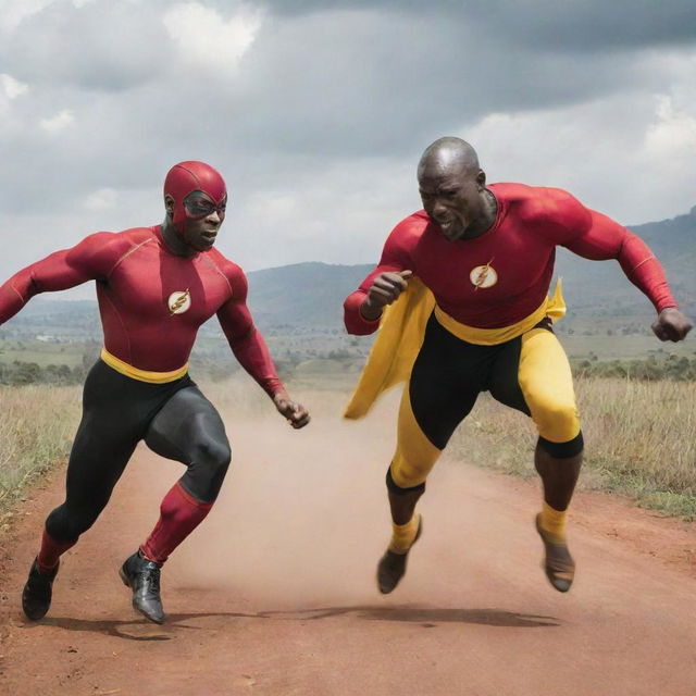 Speedster superhero combating a speedster villain in the landscapes of Uganda. Both characters exhibiting extreme speed, defining movement trails and intense facial expressions.