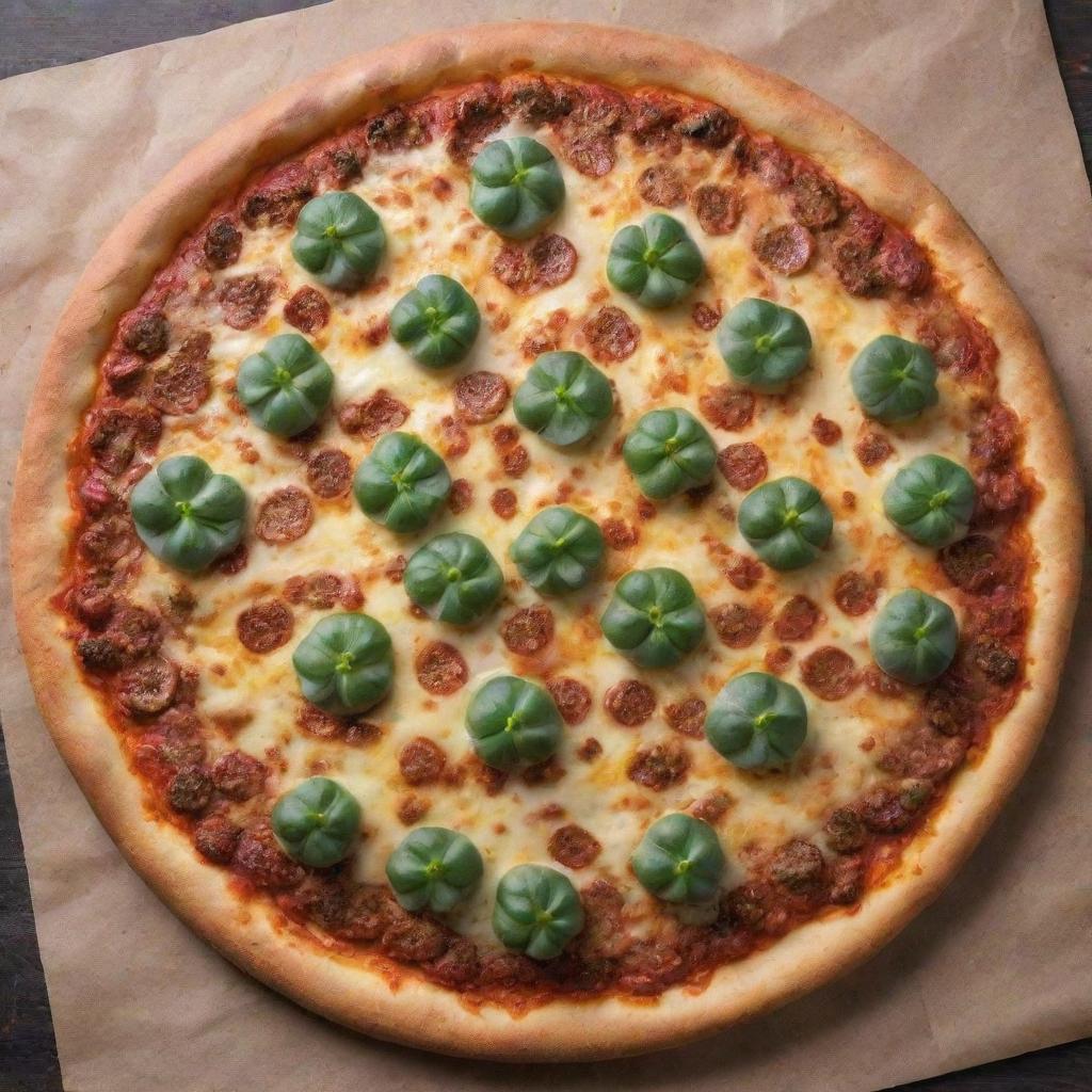 A top-view of a succulent sausage pizza, complete with a crispy crust and melted cheese, placed enticingly on a kitchen table.